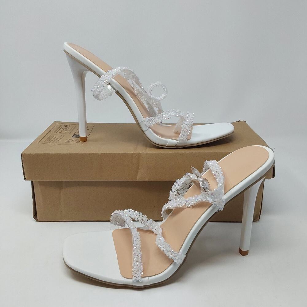 Womens White Rhinestone Strappy Mule Heels Stiletto Sandals EU 40